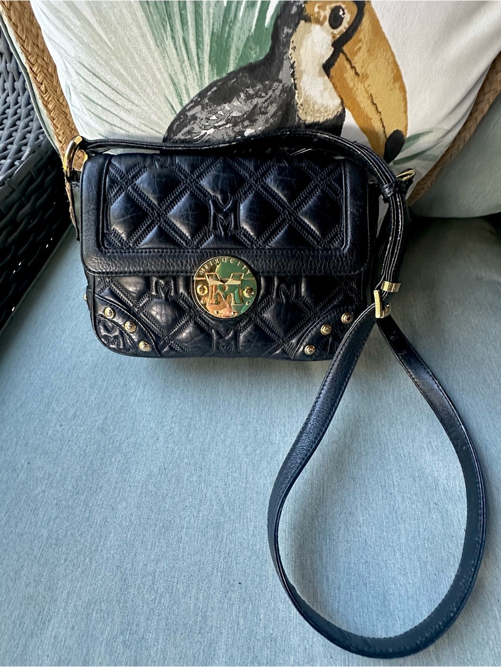 Metrocity Black Quilted Leather Crossbody Bag with Gold Hardware
